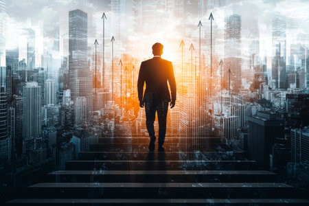 Concept illustration of a businessman climbs a ladder against the backdrop of the city, symbolizing business growthの素材