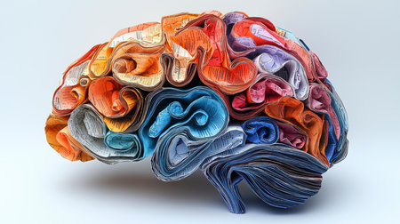 Concept illustration of the colorful paper brain made from newspaper pages symbolizes the creative process and the multifaceted nature of consciousness.の素材