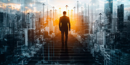 Concept illustration of a businessman climbs a ladder against the backdrop of the city, symbolizing business growthの素材