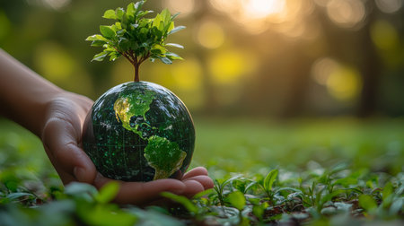 Concept illustration of the hand holds the globe of the Earth with a growing tree, the concept of ecology and nature protection.の素材