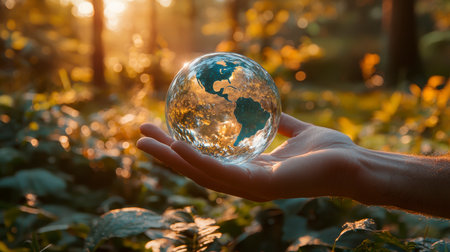 Concept illustration of the hand holds the globe of the Earth with a growing tree, the concept of ecology and nature protection.の素材