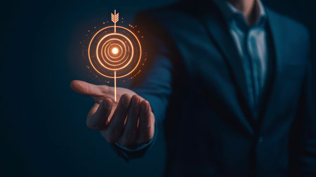 Concept illustration of a businessman holding a target with an arrow, symbolizing success and achieving goals in digital marketingの素材