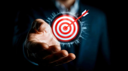 Concept illustration of a businessman holding a target with an arrow, symbolizing success and achieving goals in digital marketingの素材