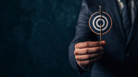 Concept illustration of a businessman holding a target with an arrow, symbolizing success and achieving goals in digital marketingの素材