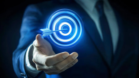 Concept illustration of a businessman holding a target with an arrow, symbolizing success and achieving goals in digital marketingの素材