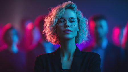 Confident woman in glasses standing still among blurred crowd in neon light.の素材
