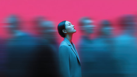 Confident woman in glasses standing still among blurred crowd in neon light.の素材