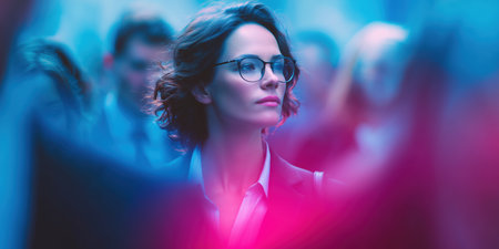 Confident woman in glasses standing still among blurred crowd in neon light.の素材