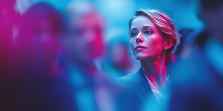 Confident woman in glasses standing still among blurred crowd in neon light.の素材