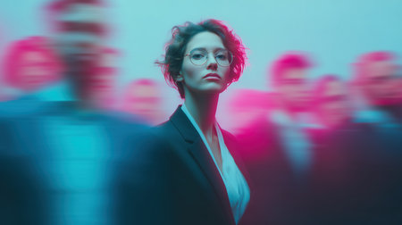 Confident woman in glasses standing still among blurred crowd in neon light.の素材