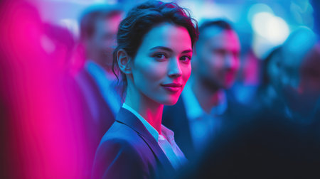 Confident woman in glasses standing still among blurred crowd in neon light.の素材