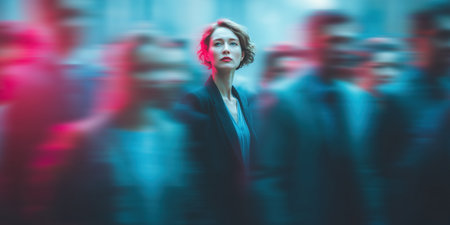 Confident woman in glasses standing still among blurred crowd in neon light.の素材