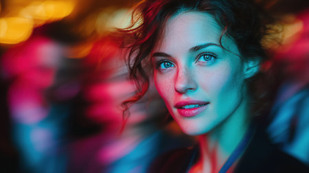 Confident woman in glasses standing still among blurred crowd in neon light.の素材