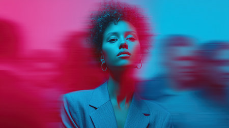 Confident woman in glasses standing still among blurred crowd in neon light.の素材