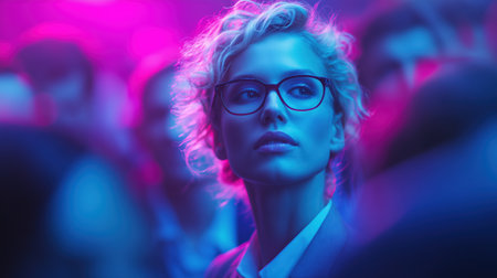 Confident woman in glasses standing still among blurred crowd in neon light.の素材