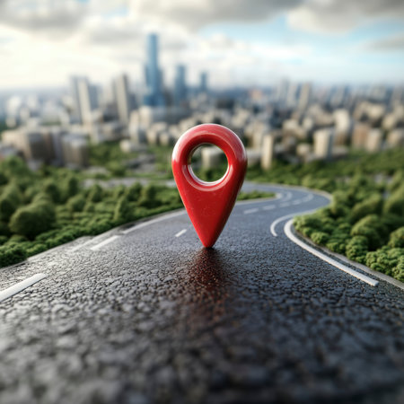 Concept illustration of the red map icon on the road leads to a big city, symbolizing the business route.の素材