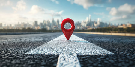 Concept illustration of the red map icon on the road leads to a big city, symbolizing the business route.の素材