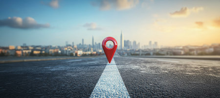 Concept illustration of the red map icon on the road leads to a big city, symbolizing the business route.の素材