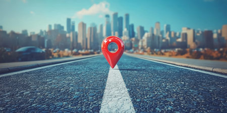 Concept illustration of the red map icon on the road leads to a big city, symbolizing the business route.の素材
