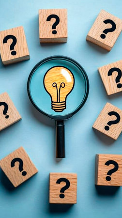 Concept illustration of a glowing light bulb under a magnifying glass among cubes with question marks symbolizes thinking and ideasの素材