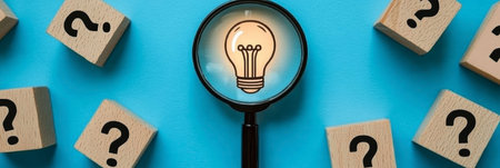 Concept illustration of a glowing light bulb under a magnifying glass among cubes with question marks symbolizes thinking and ideasの素材
