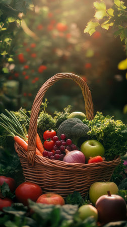 Concept illustration of a wicker basket with vegetables and fruits on the background of the garden symbolizes a healthy dietの素材