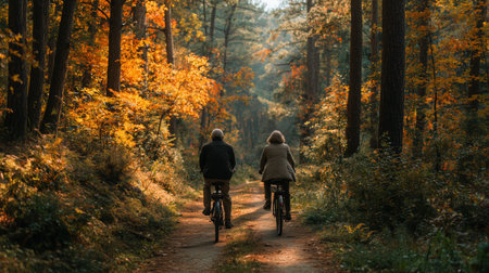 Elderly couple cycling through autumn street with falling leaves.の素材