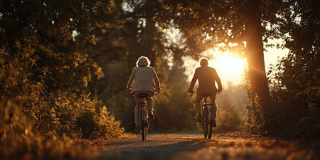 Elderly couple cycling through autumn street with falling leaves.の素材