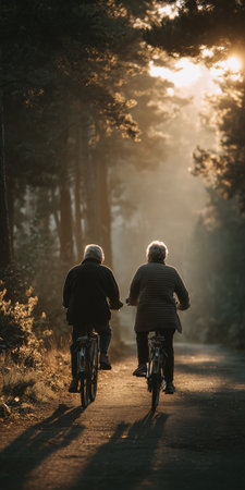 Elderly couple cycling through autumn street with falling leaves.の素材