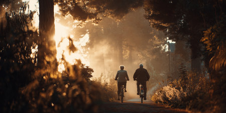 Elderly couple cycling through autumn street with falling leaves.の素材