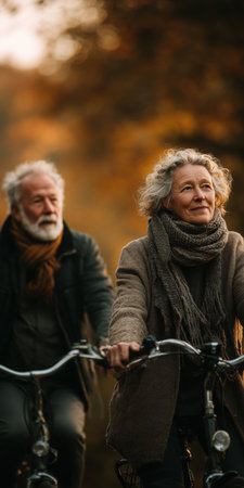 Elderly couple cycling through autumn street with falling leaves.の素材
