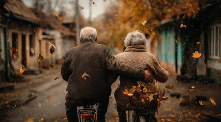 Elderly couple cycling through autumn street with falling leaves.の素材