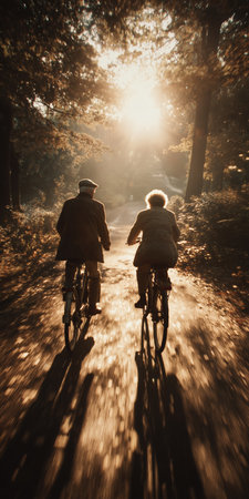 Elderly couple cycling through autumn street with falling leaves.の素材