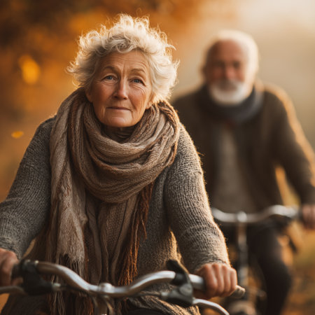Elderly couple cycling through autumn street with falling leaves.の素材