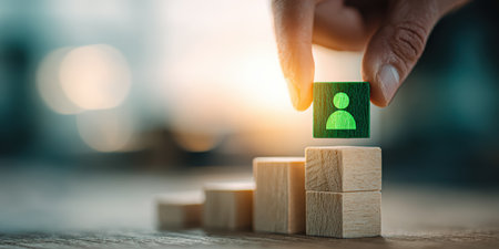 hand placing a green wooden figure on top of a bar graph made from wood blocks symbolizing business growth and human resources.の素材