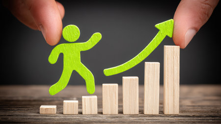 hand placing a green wooden figure on top of a bar graph made from wood blocks symbolizing business growth and human resources.の素材