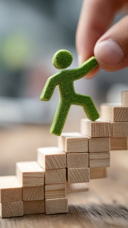 hand placing a green wooden figure on top of a bar graph made from wood blocks symbolizing business growth and human resources.の素材