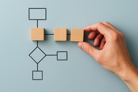 Business process management concept with wooden blocks and hand creating flowchart on blue background.の素材