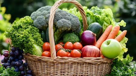 Concept illustration of a wicker basket with vegetables and fruits on the background of the garden symbolizes a healthy dietの素材