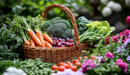 Concept illustration of a wicker basket with vegetables and fruits on the background of the garden symbolizes a healthy dietの素材