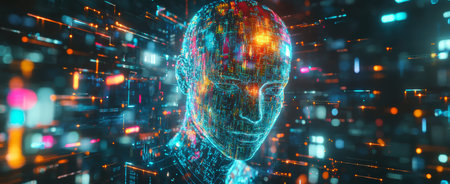 Concept illustration of a holographic AI face surrounded by vibrant data streams, symbolizing the power of AI in technology and businessの素材