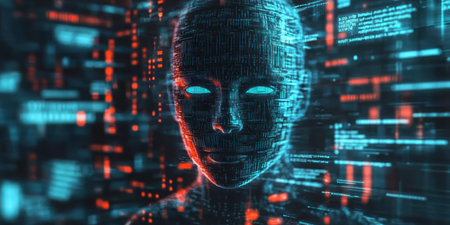 Concept illustration of a holographic AI face surrounded by vibrant data streams, symbolizing the power of AI in technology and businessの素材