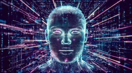 Concept illustration of a holographic AI face surrounded by vibrant data streams, symbolizing the power of AI in technology and businessの素材