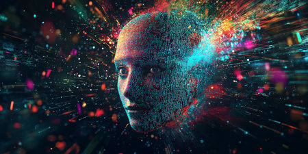 Concept illustration of a holographic AI face surrounded by vibrant data streams, symbolizing the power of AI in technology and businessの素材