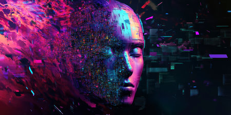 Concept illustration of a holographic AI face surrounded by vibrant data streams, symbolizing the power of AI in technology and businessの素材