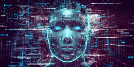 Concept illustration of a holographic AI face surrounded by vibrant data streams, symbolizing the power of AI in technology and businessの素材