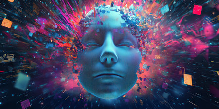 Concept illustration of a holographic AI face surrounded by vibrant data streams, symbolizing the power of AI in technology and businessの素材
