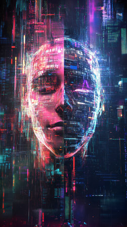 Concept illustration of a holographic AI face surrounded by vibrant data streams, symbolizing the power of AI in technology and businessの素材