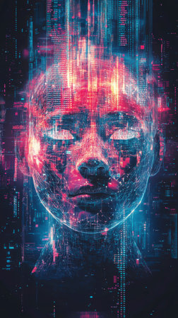 Concept illustration of a holographic AI face surrounded by vibrant data streams, symbolizing the power of AI in technology and businessの素材