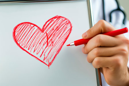 Concept illustration of the doctor draws a heart with a heartbeat line, symbolizing the health of the cardiovascular systemの素材